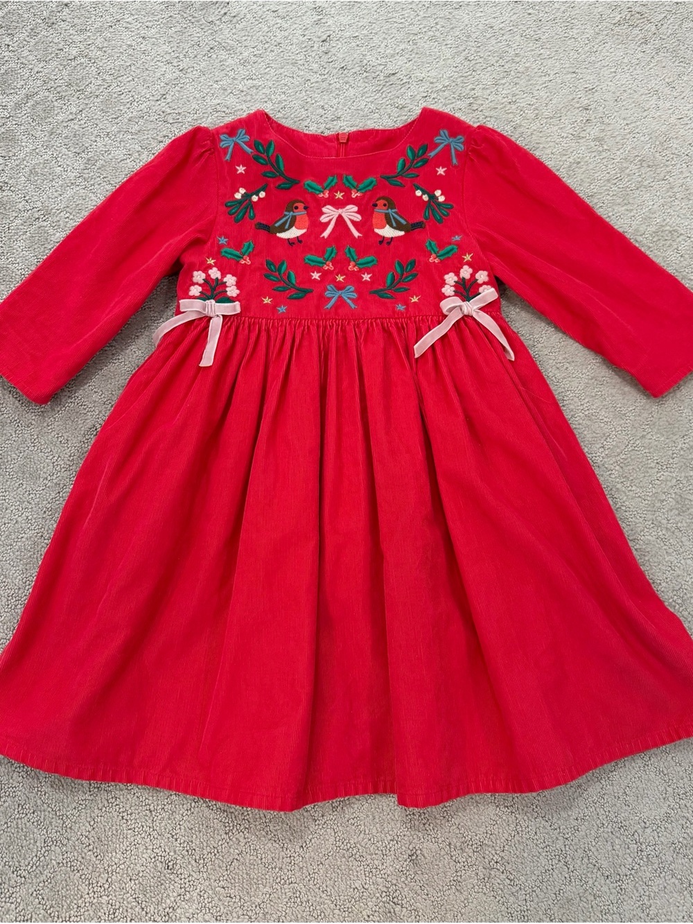 Mini Boden Red Corduroy Dress with Bird & Floral Embroidery